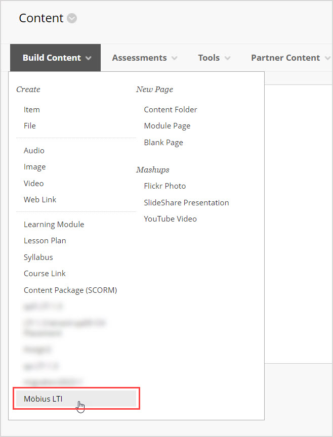 Build Content Mobius and Blackboard On the Content page in Blackboard course, the Build Content dropdown menu is open and Mobius LTI option is highlighted.